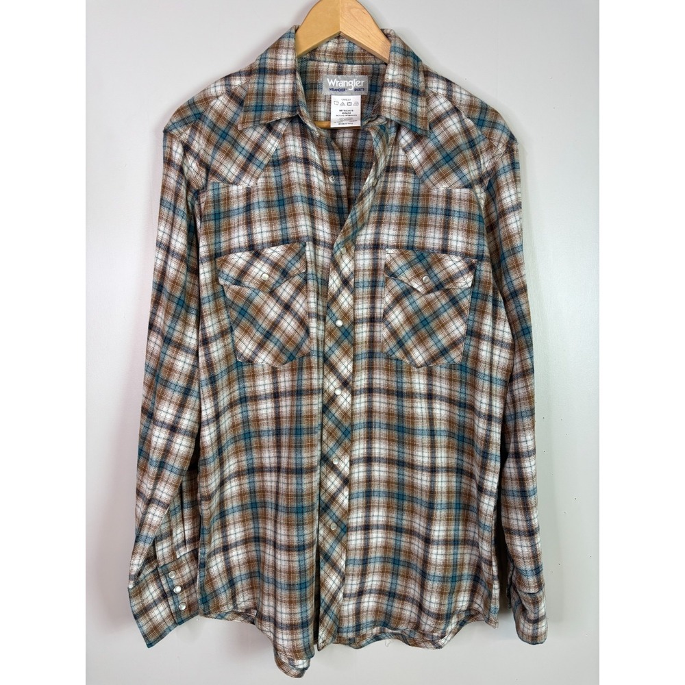 Wrangler Wrancher Shirt Medium Pearl Snap Western Brown Blue Plaid Flannel Men's